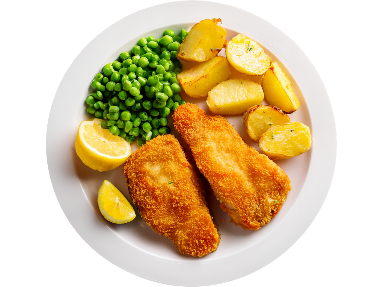 Breaded fish, roasted potatoes, and peas.
