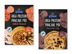 To Belbake High Protein Pancake Mix poser, en med saltet karamel og en med chokoladechips.