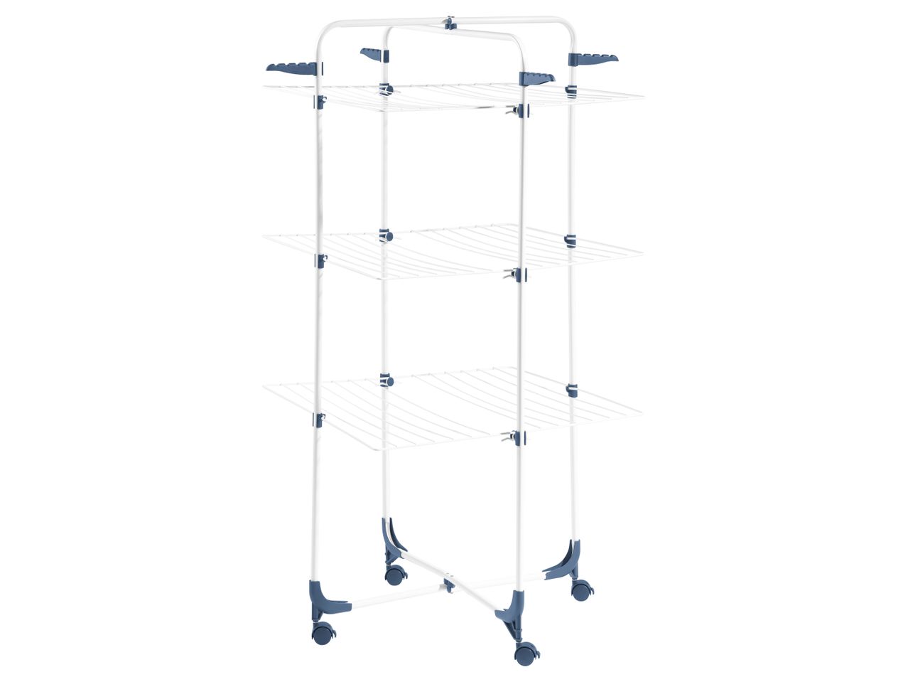 A three-tiered white laundry drying rack with blue accents and wheels.
