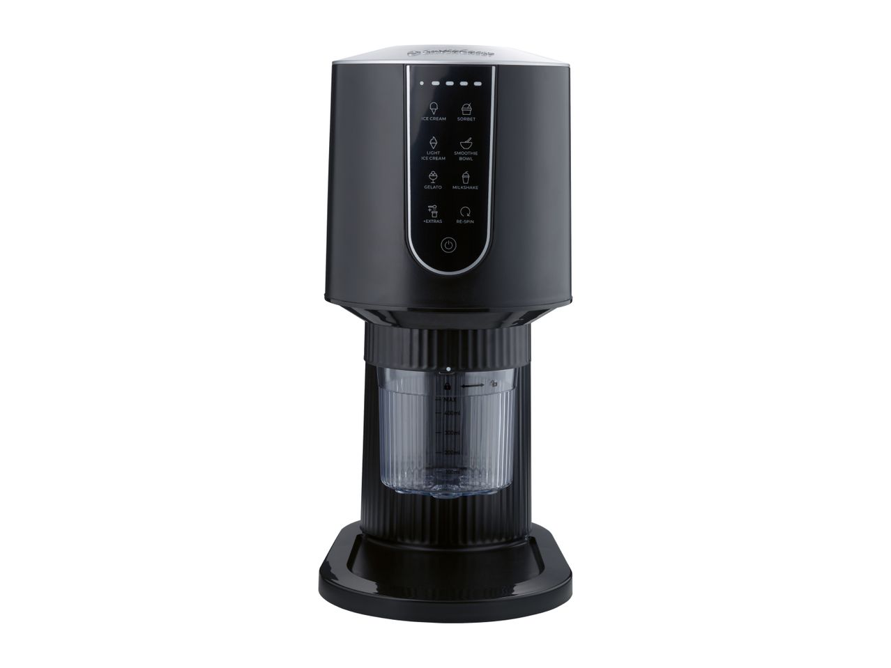 Black ice cream maker with a control panel for ice cream, sorbet, gelato, milkshake, and smoothie bowl.