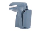 A blue plastic hand-held labeling device with white keys is shown.