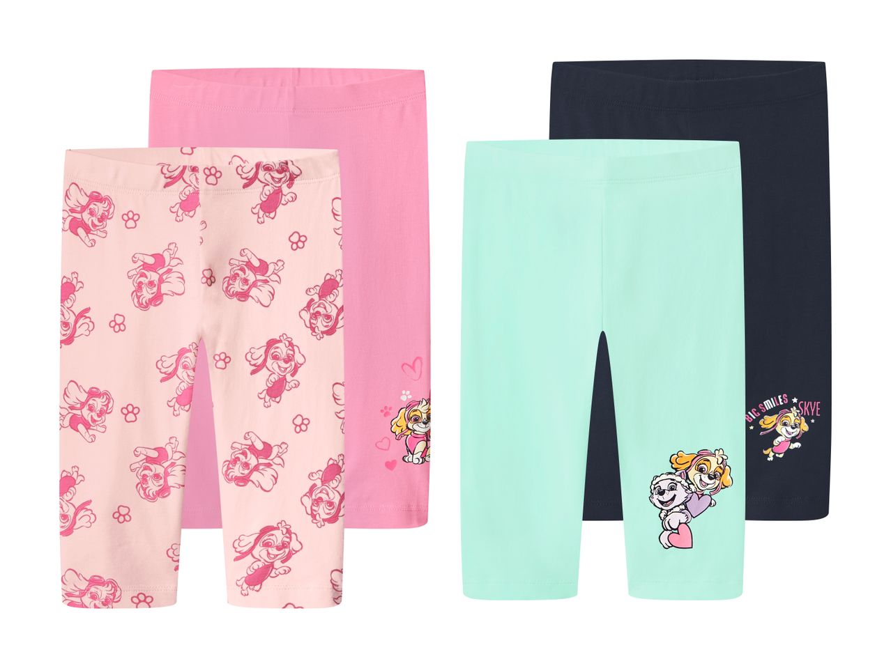 Fire par leggings til børn i lyserød, pink, mintgrøn og mørkeblå med hundemotiver.