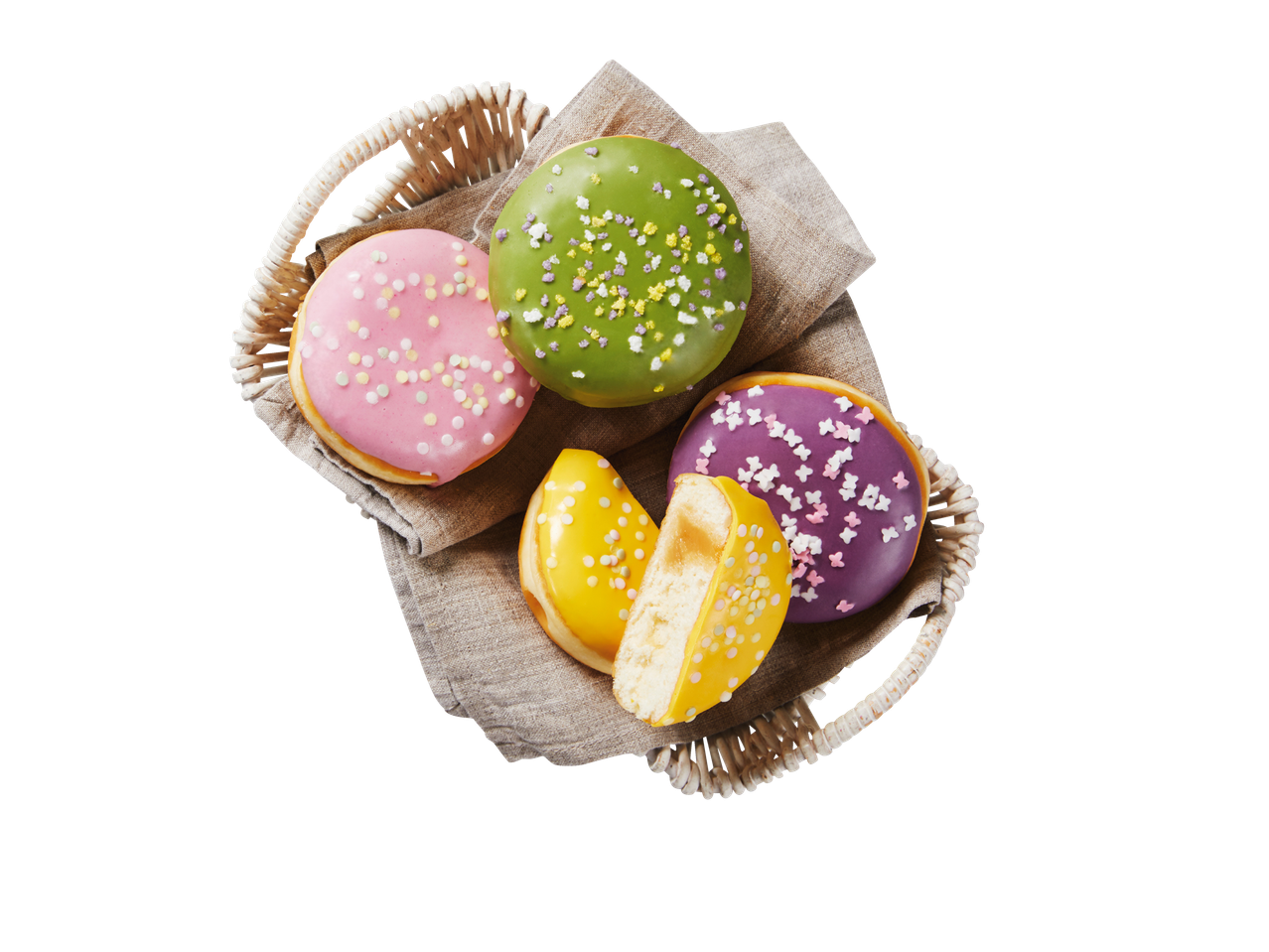 Kleurrijke donuts in een mandje.