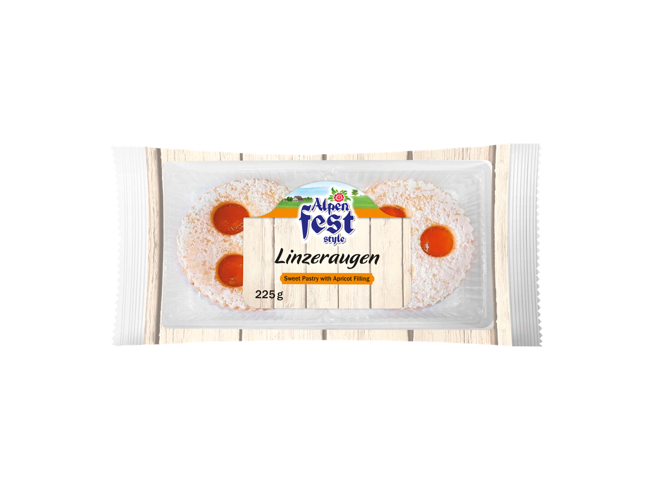 Alpenfest Linzeraugen shortbread biscuits with apricot filling in clear packaging.
