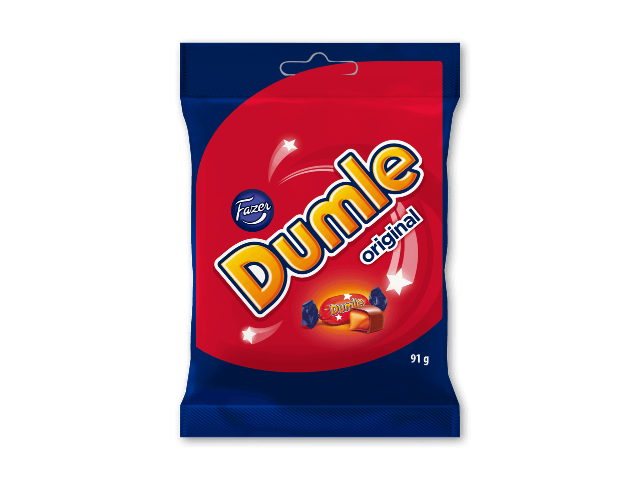 En blå og rød pose med karamel slik, der viser et åbent stykke karamel.