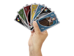 Hand holding Harry Potter UNO cards with characters and house symbols.