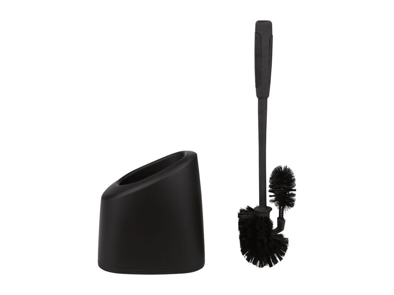 A black toilet brush and holder set.