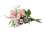 Um ramalhete de gérberas, rosas e crisântemos.
