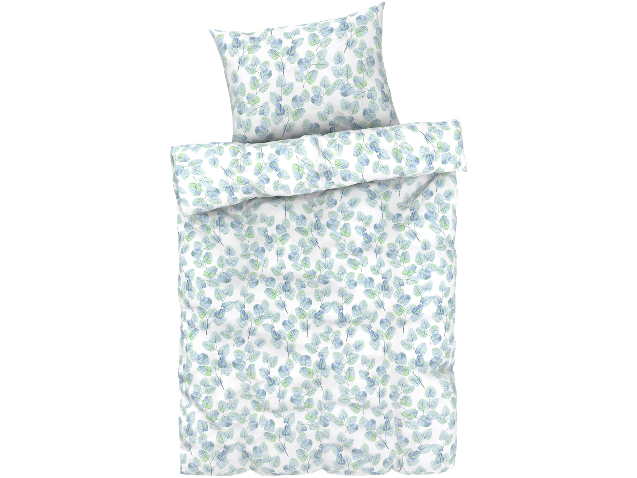 Patuvių užvalkalas ir pagalvių užvalkalai su botaniniu lapų raštu.