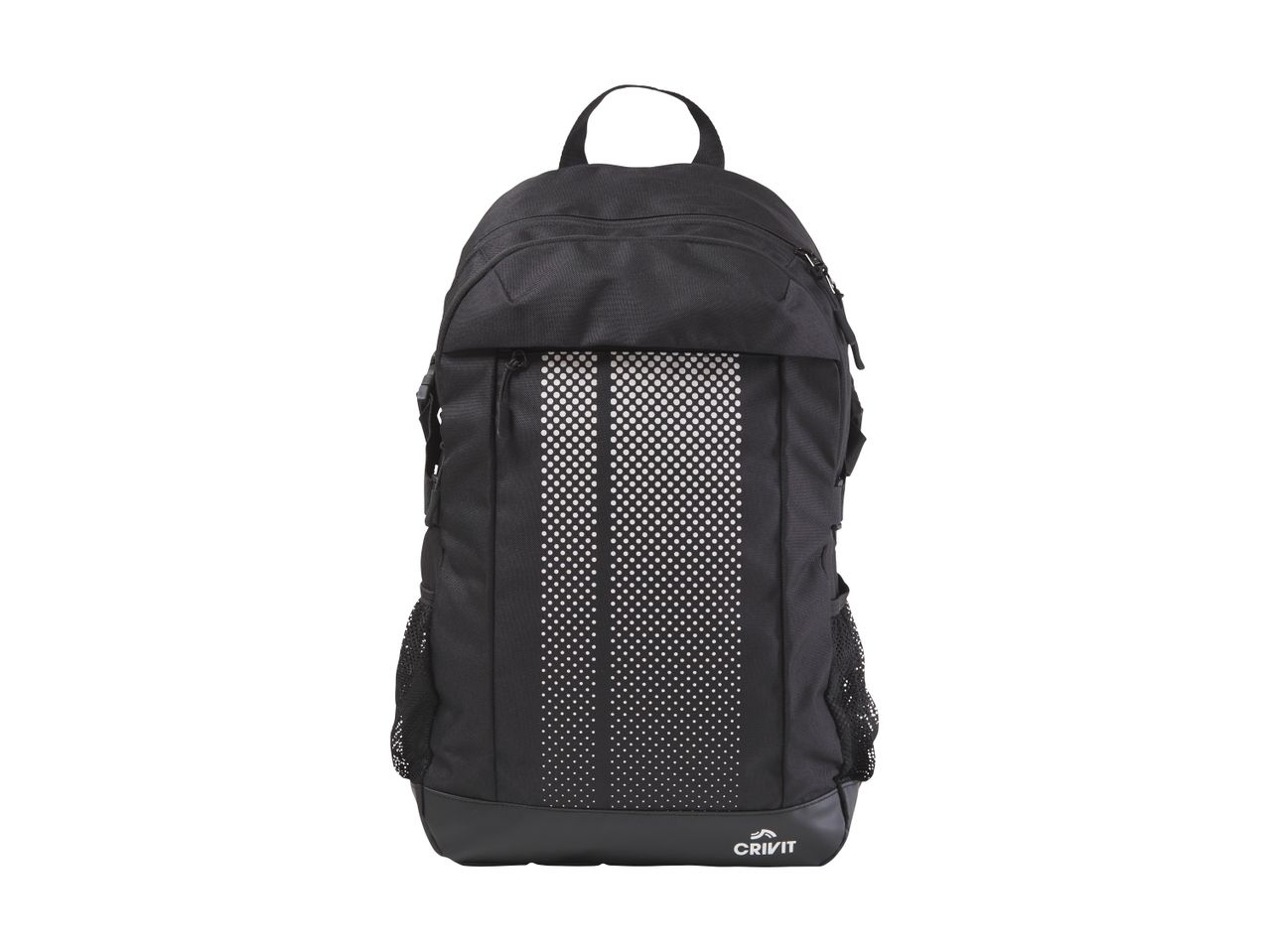 Black backpack with a white dotted pattern and mesh side pockets.