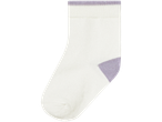 A single white ankle sock with a purple trim at the top and heel.