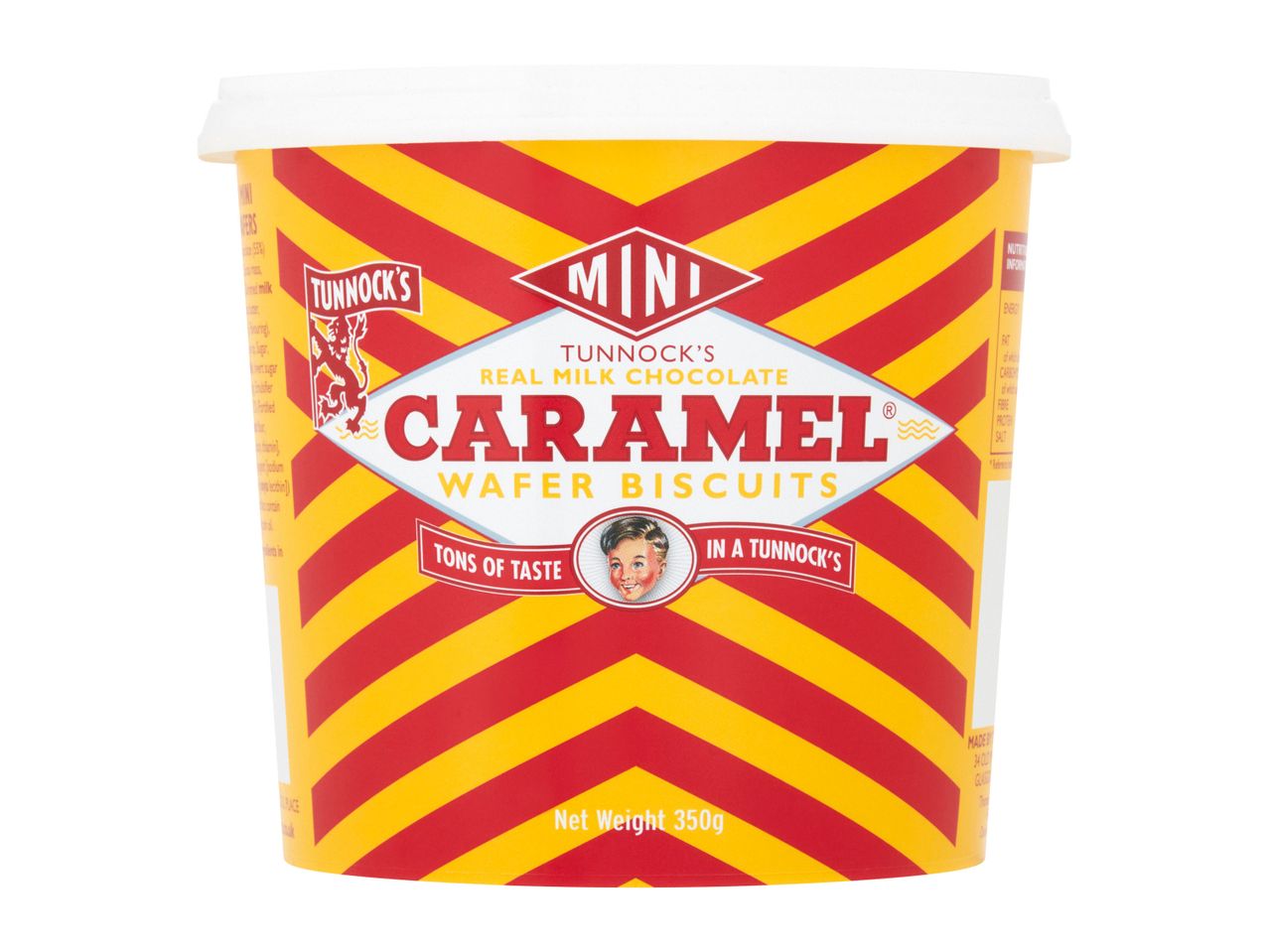 Tunnnock's Mini caramel wafer biscuits in a red and yellow container.