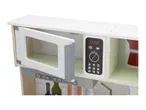 Toy kitchen with open microwave, control panel, and decorative bottles and clock.