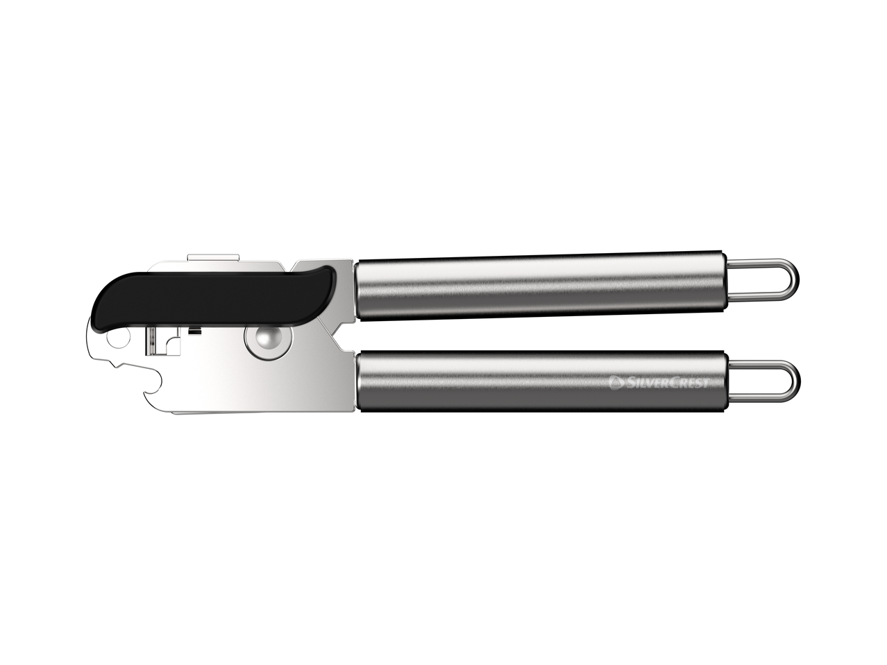Otvarač za konzerve i boce od nehrđajućeg čelika s crnim ručkama.