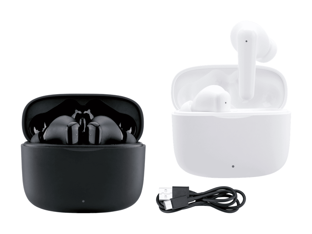 Écouteurs sans fil noirs et blancs avec leur boîtier de charge et un câble USB-C.