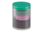 Abrasive discs in a clear container with a green lid.