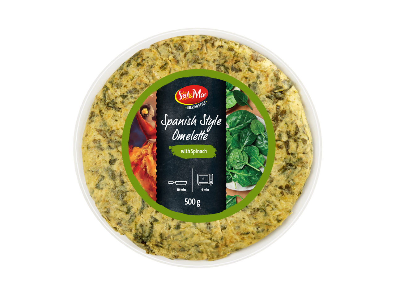 Sol&Mar Spaanse Omelet met Spinazie, 500g, bereidingsinstructies voor pan (10 min) en magnetron (4 min).
