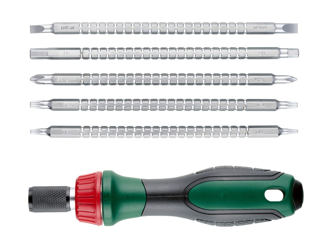 Screwdriver set with a ratchet handle and various interchangeable bits, including flathead, hex, Phillips, and Torx.