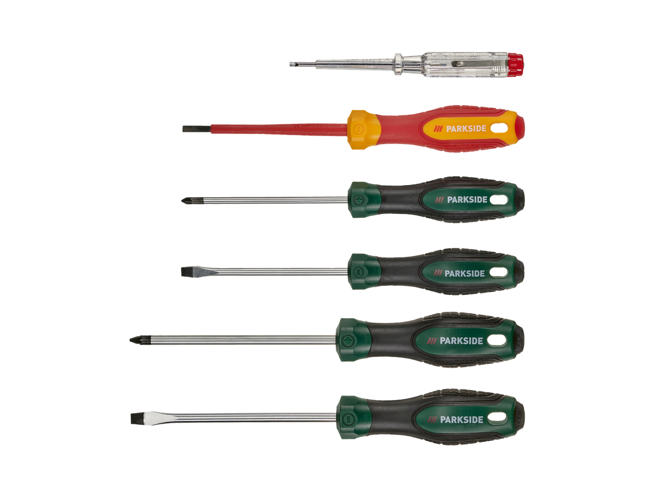 A set of Parkside screwdrivers with various sizes and types of heads.