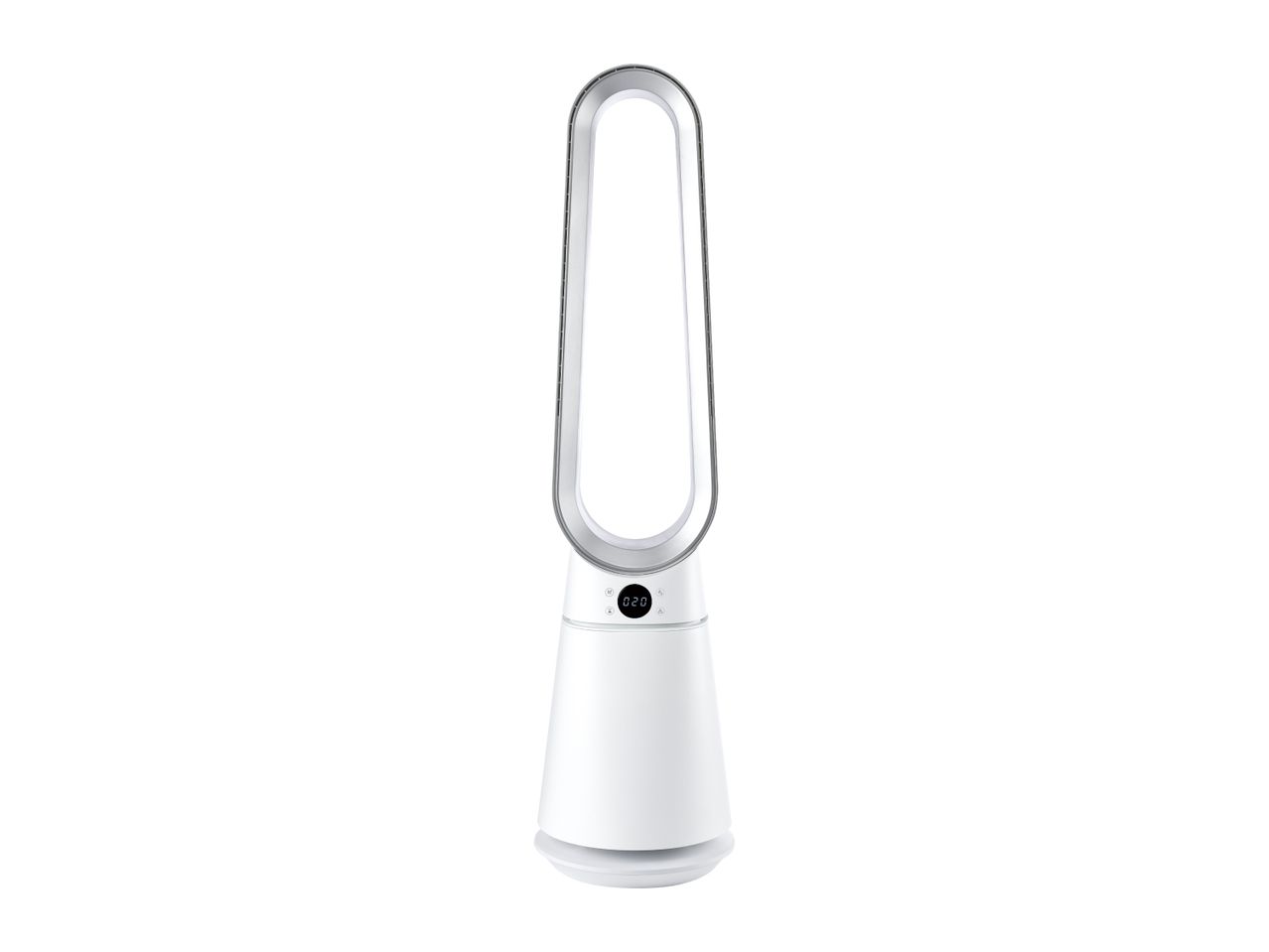 White bladeless tower fan with a digital display showing 020.