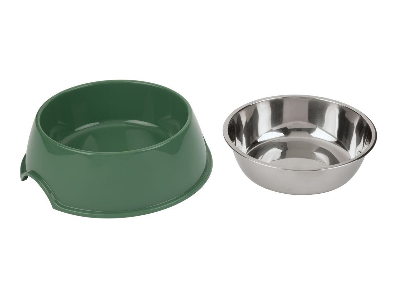 A green plastic pet bowl and a stainless steel pet bowl.