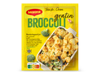 Verpakking voor broccoli gratin met boodschappenlijst en een afbeelding van het ovengerecht.