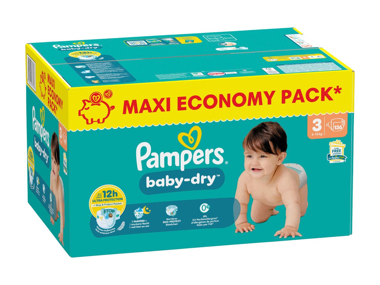 Pampers Baby-Dry Windeln Maxi-Sparpack: Größe 3 (6-10 kg), 136 Stück.
