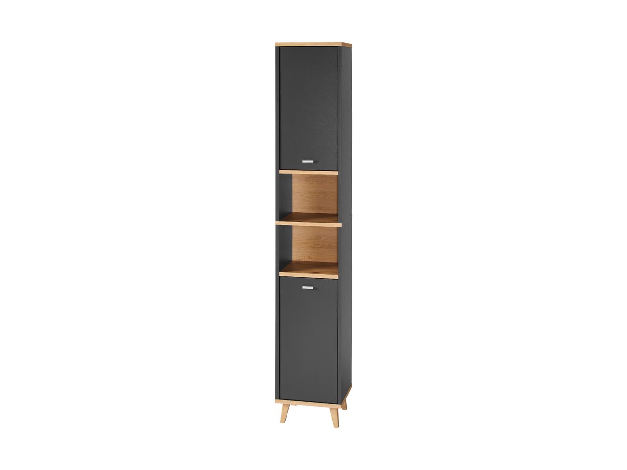 Tall, narrow cabinet with dark gray doors and light wood open shelves and legs.
