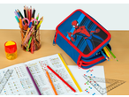 A blue Spider-Man pencil case, pencil holder, sharpener, and school supplies on a wooden desk.