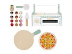 A wooden toy pizza set with an oven, pizza, toppings, and utensils.