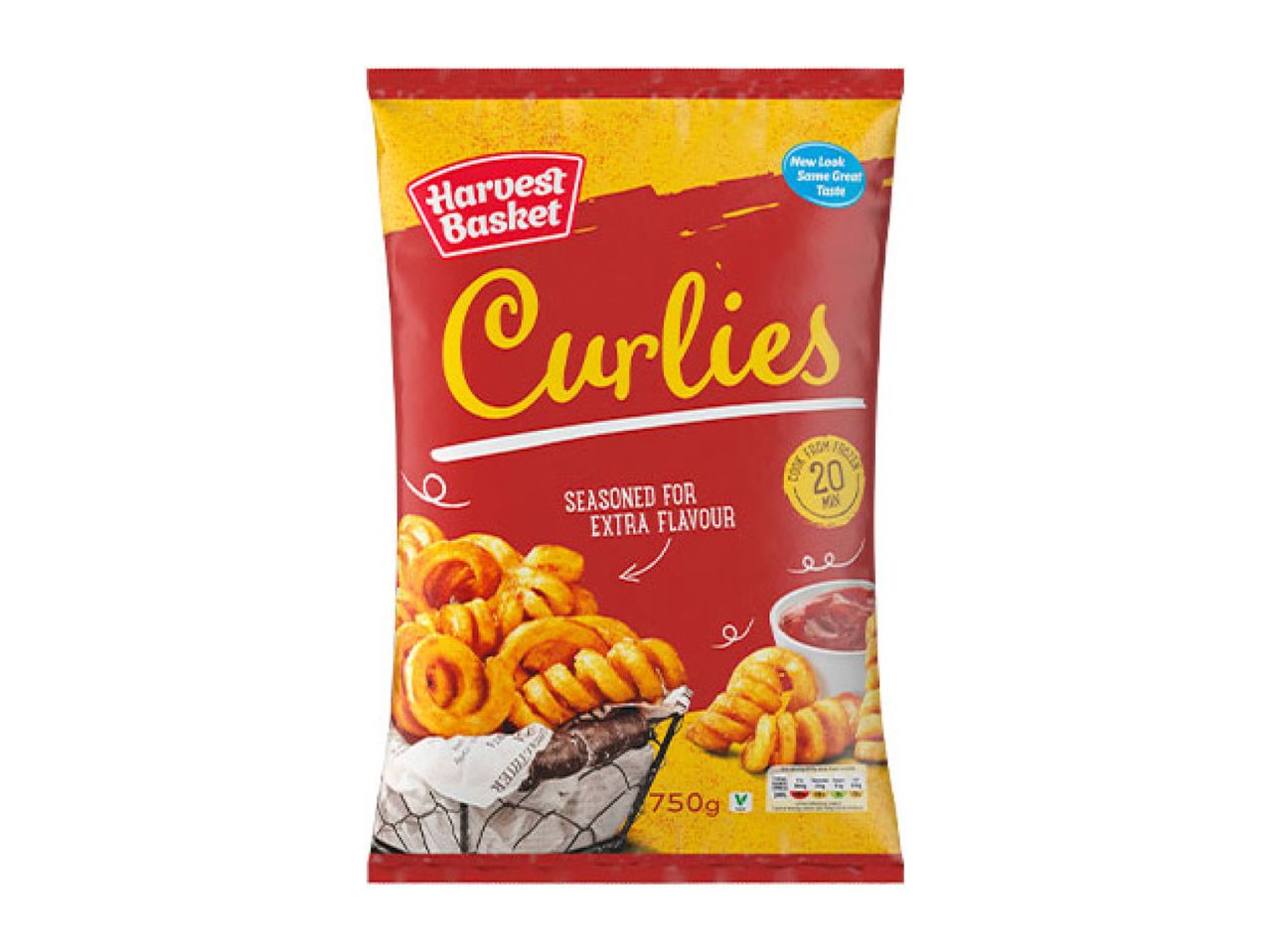 Red and yellow bag of seasoned curly fries with a bowl of ketchup.
