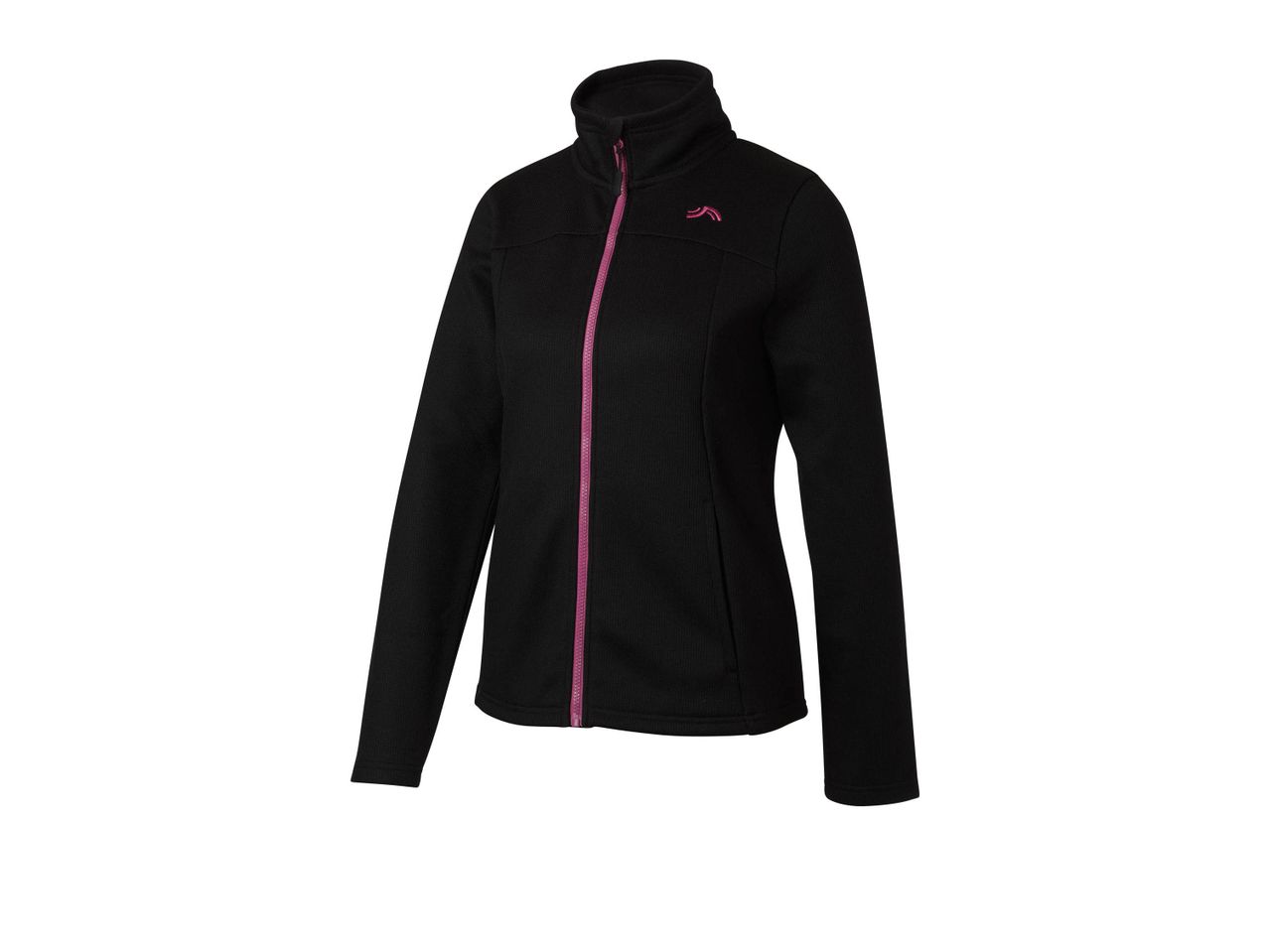 Black women's knitted fleece jacket with a pink zipper and a small pink logo on the chest.