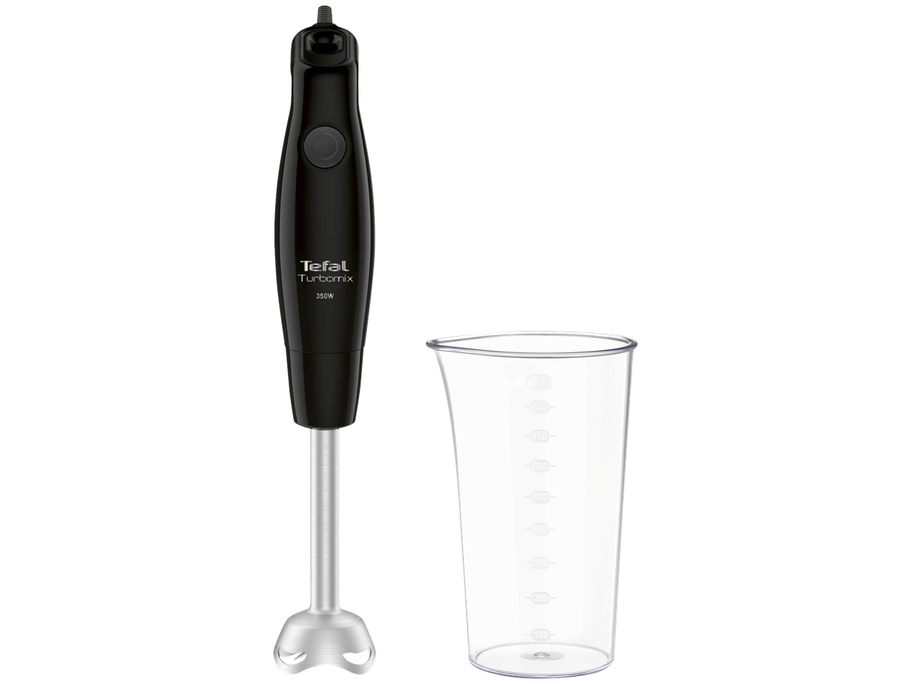 Zwarte staafmixer en transparante maatbeker met schaalverdeling.