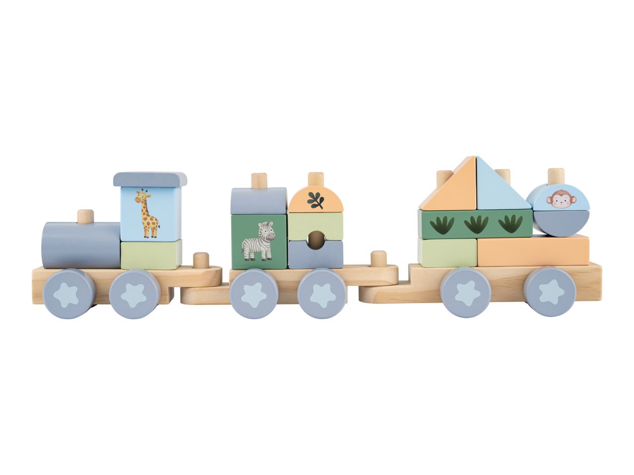 Wooden toy train with safari animal blocks including a giraffe, zebra, and monkey.