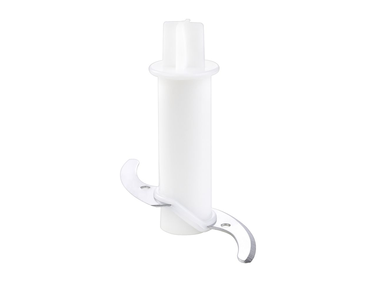 White plastic food processor blade attachment with two curved stainless steel blades
