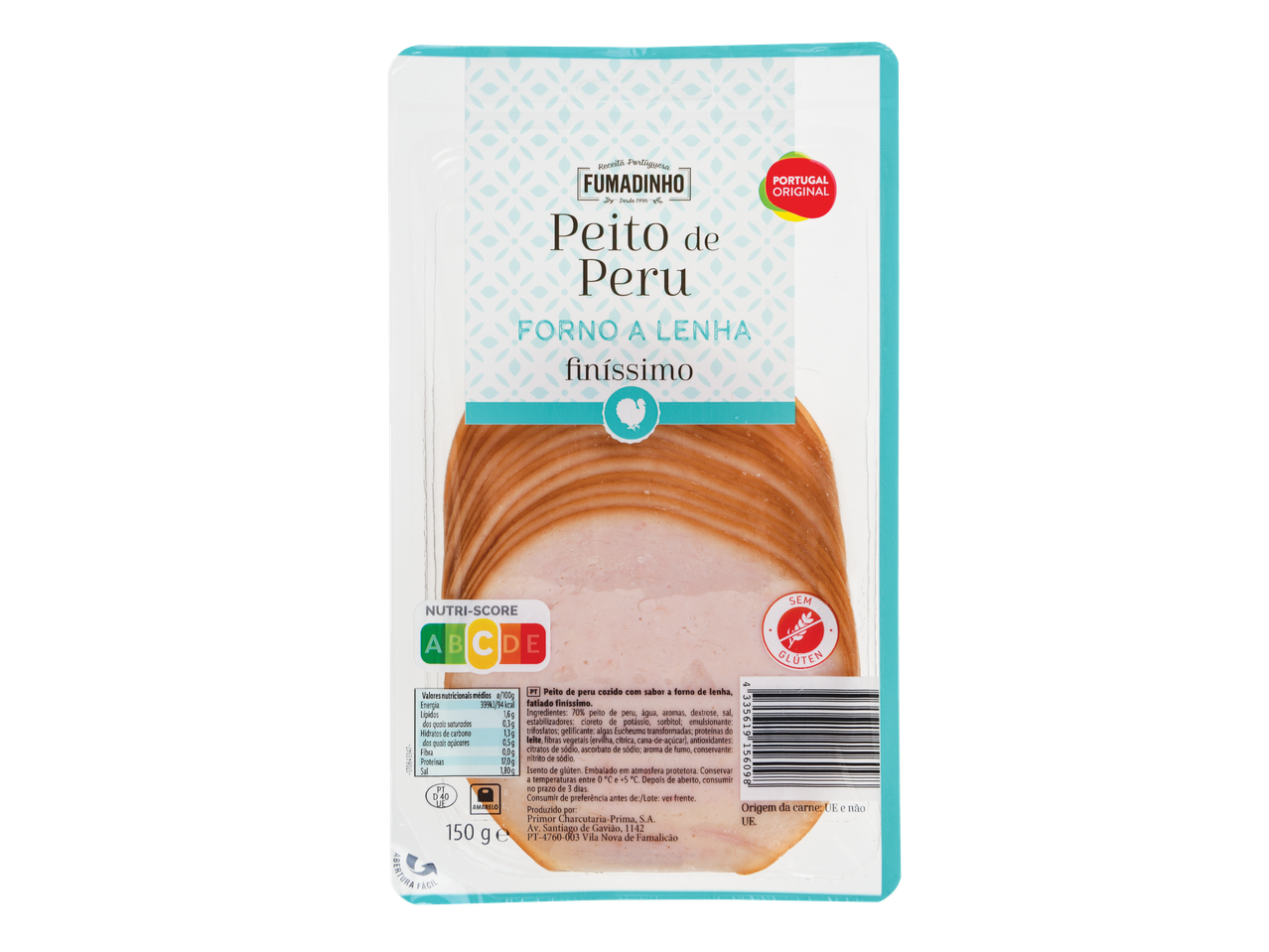 Fumadinho Peito de Peru Forno a Lenha, uma embalagem de peito de peru fatiado com sabor a forno a lenha.