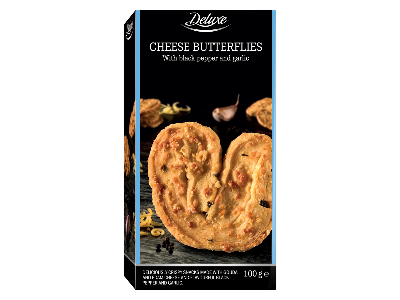 Deluxe Kaasvlinders met zwarte peper en knoflook, 100g verpakking.