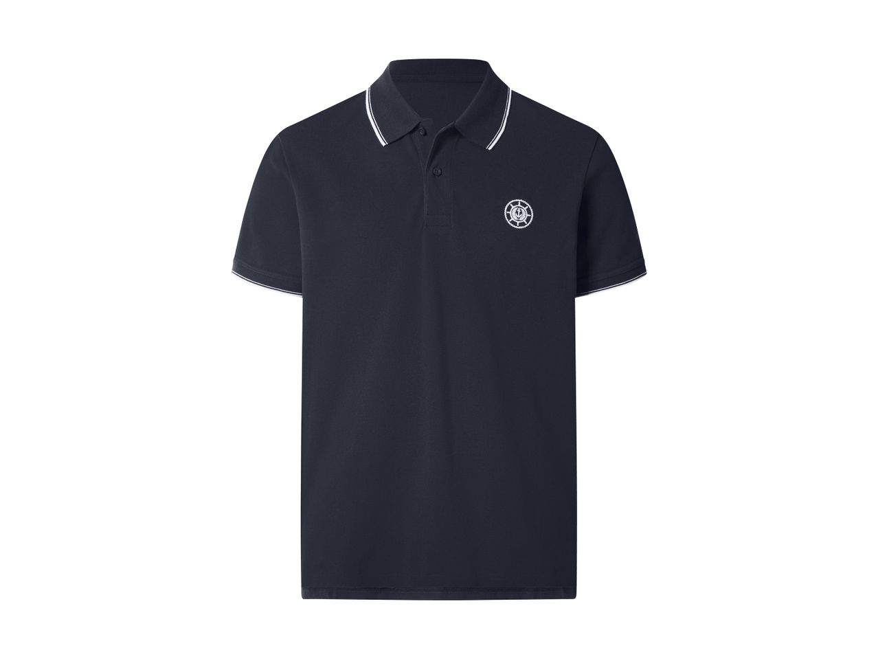 Dark blue polo shirt with white striped collar and sleeves, featuring a circular embroidered emblem.