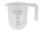 A clear plastic measuring cup with markings for flour, sugar, and liquid measurements.