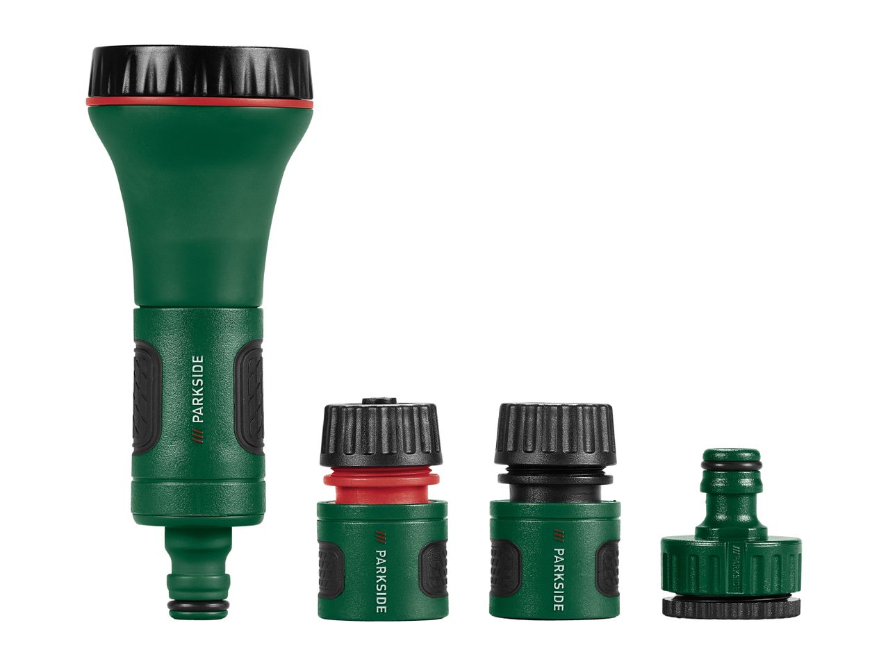 Green garden hose spray nozzle and three hose connectors with black and red accents.