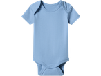 Light blue short-sleeved baby bodysuit with snap closures at the crotch.