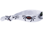 White hair tie with black spider designs and red and green eyes