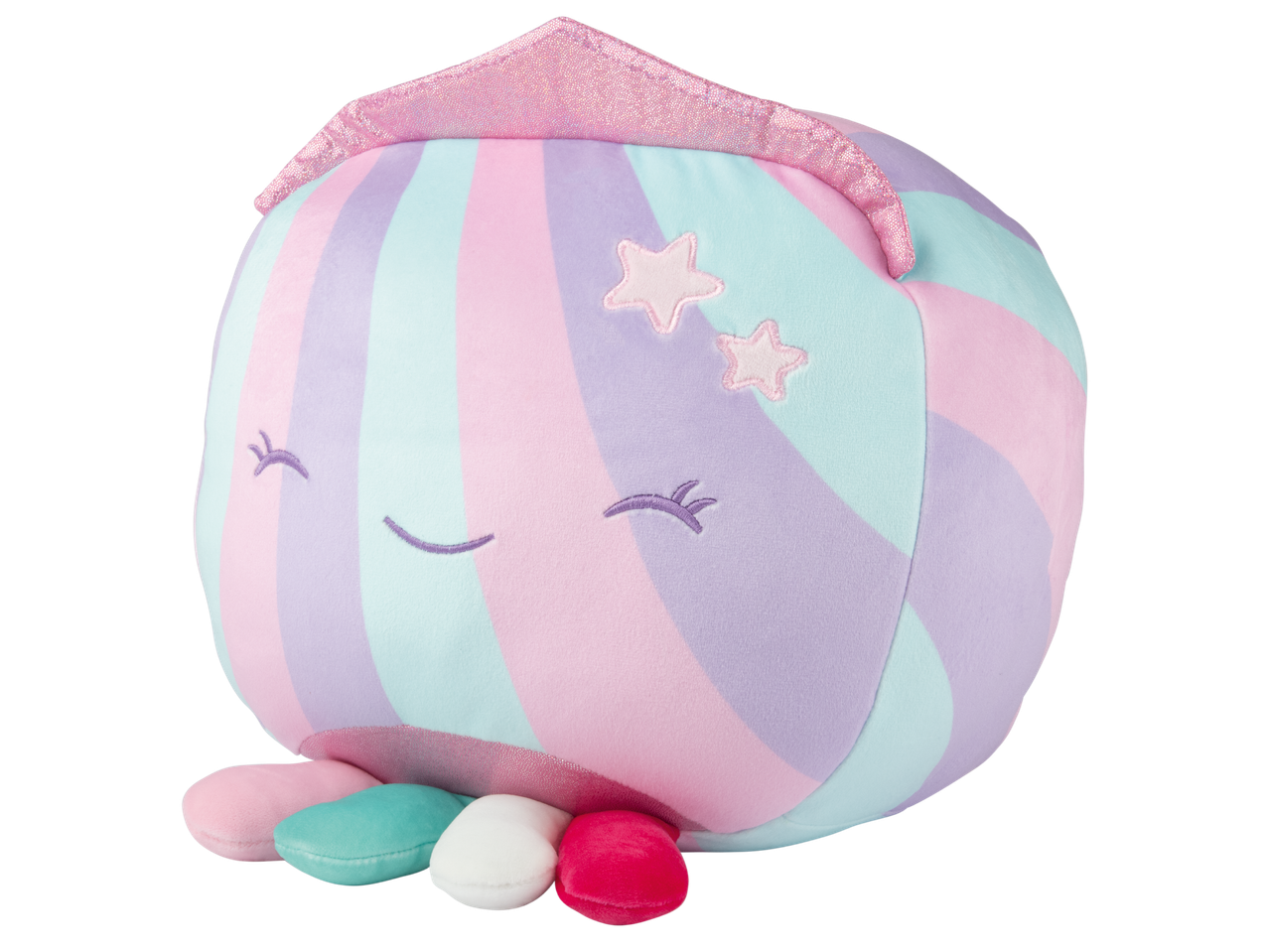 Плюшена играчка еднорог в пастелни цветове с блестяща розова корона и бродирани звезди