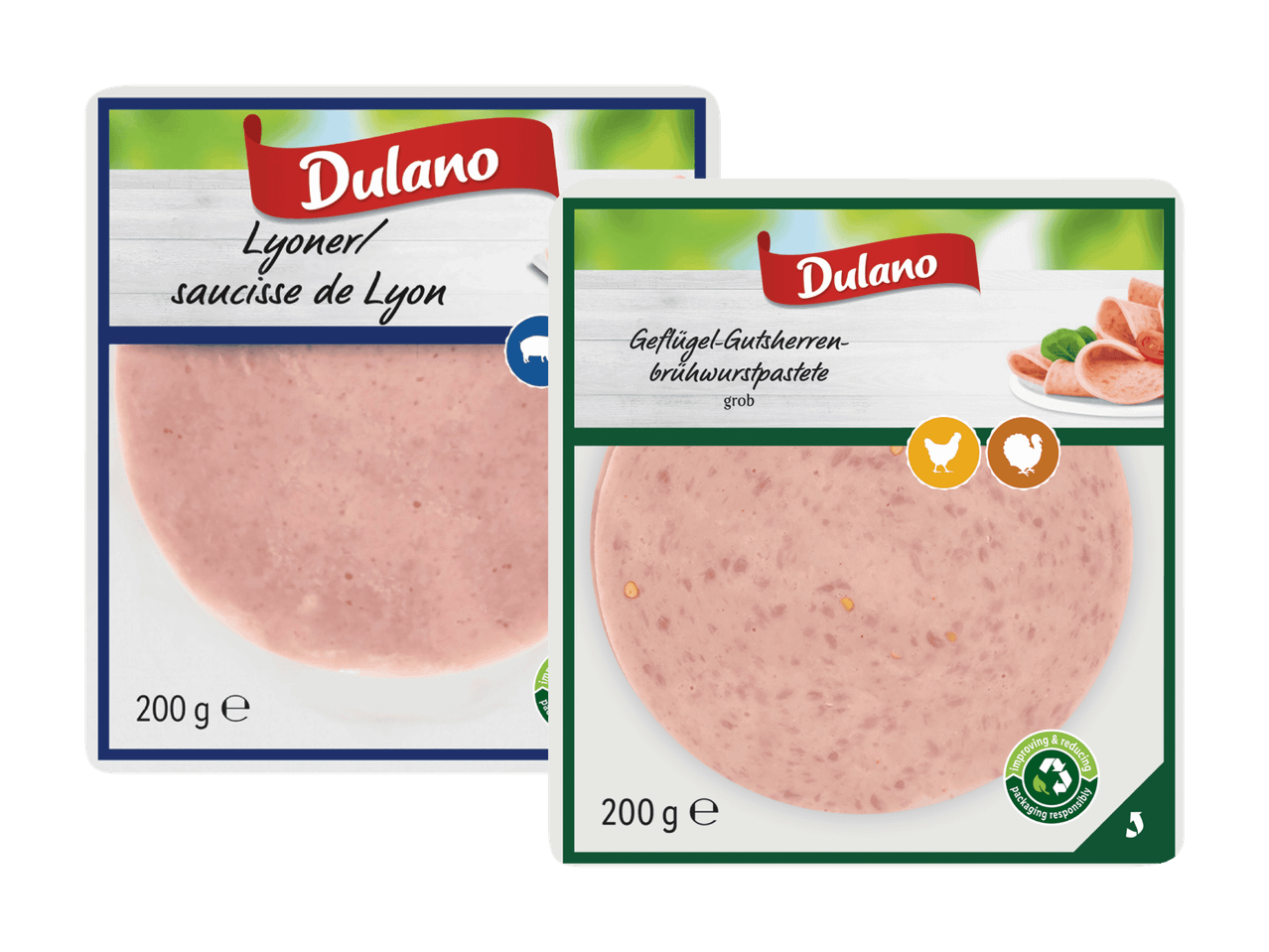 Zwei Dulano-Wurstpakete: Lyoner und Geflügel-Gutsherren-Brühwurstpastete.