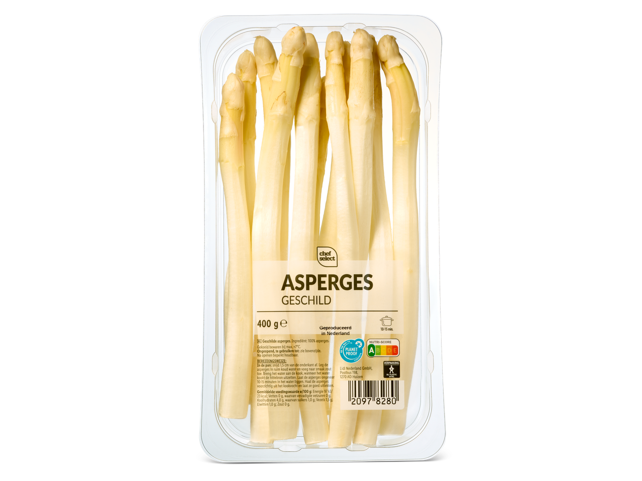 Verpakking Chef Select geschilde witte asperges met kookinstructies en voedingsinformatie