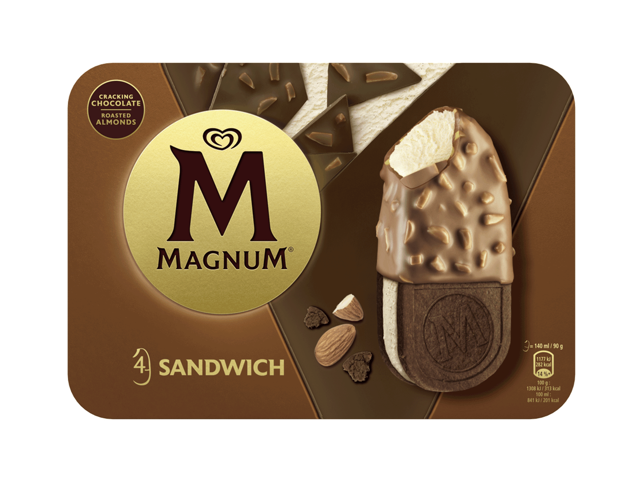 Embalagem de gelado sanduíche com chocolate estaladiço e amêndoas torradas.