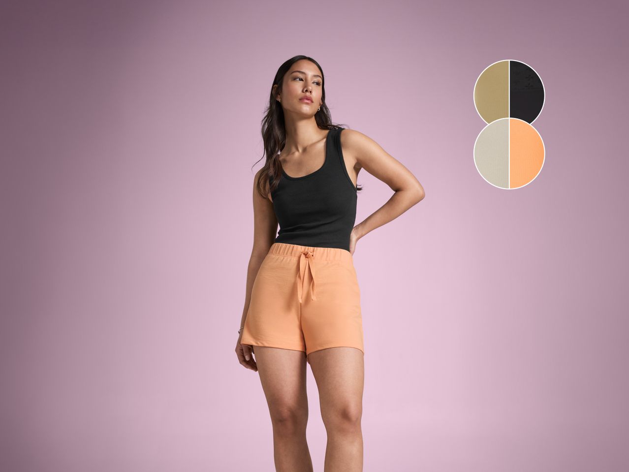 Woman in black tank top and peach shorts, color options shown.