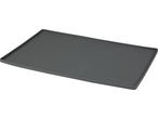 A dark gray rectangular silicone pet feeding mat with a textured surface.