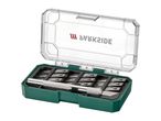 Parkside carving knife set with handle and various blades in a green and clear case.