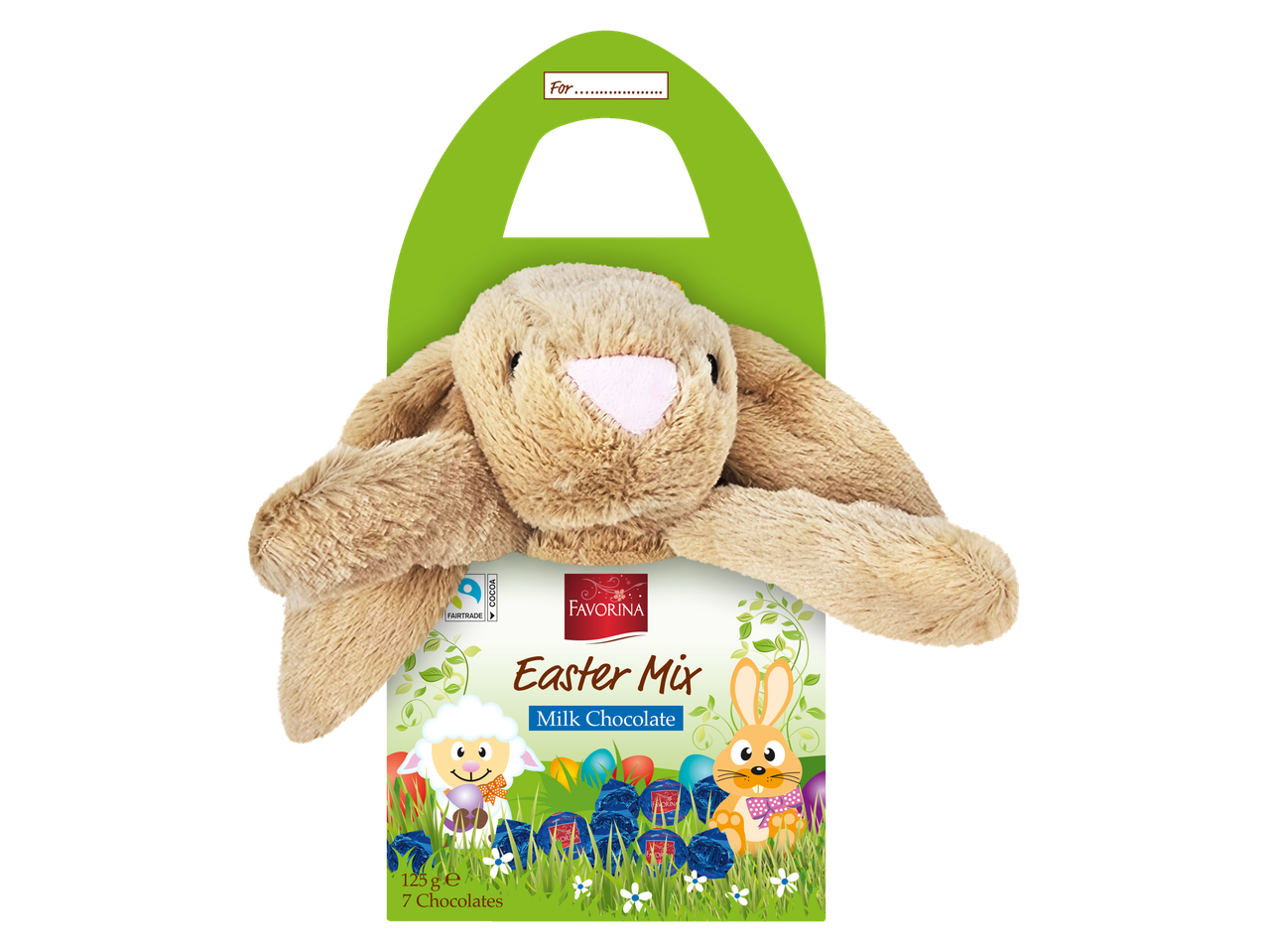 Favorina Paas Mix: paaseieren van melkchocolade met een knuffelkonijn.